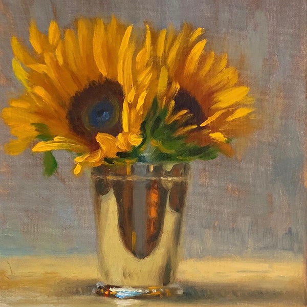 Sunflowers in Silver -  NOAH VERRIER Original still life oil painting, Signed fine art print