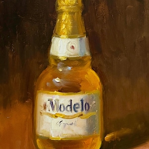 May include: A painting of a glass bottle of Modelo Especial beer. The bottle is on a brown surface with a light brown background.