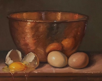 Eggs & Copper Bowl - NOAH VERRIER Original still life oil painting, Signed fine art print