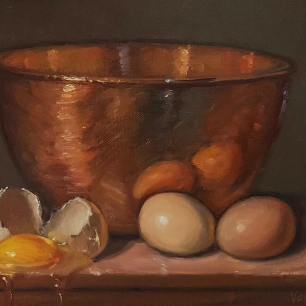 Eggs & Copper Bowl - NOAH VERRIER Original still life oil painting, Signed fine art print