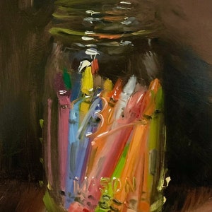 Crayons in a Jar - NOAH VERRIER Original still life oil painting, Signed fine art print