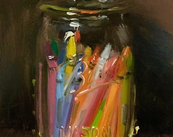 Crayons in a Jar (Hand Embellished) - NOAH VERRIER Original still life oil painting, Signed fine art print