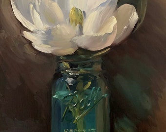 Magnolia in Vintage Jar (Artist's Touch Canvas) - NOAH VERRIER Original still life oil painting, Signed fine art print