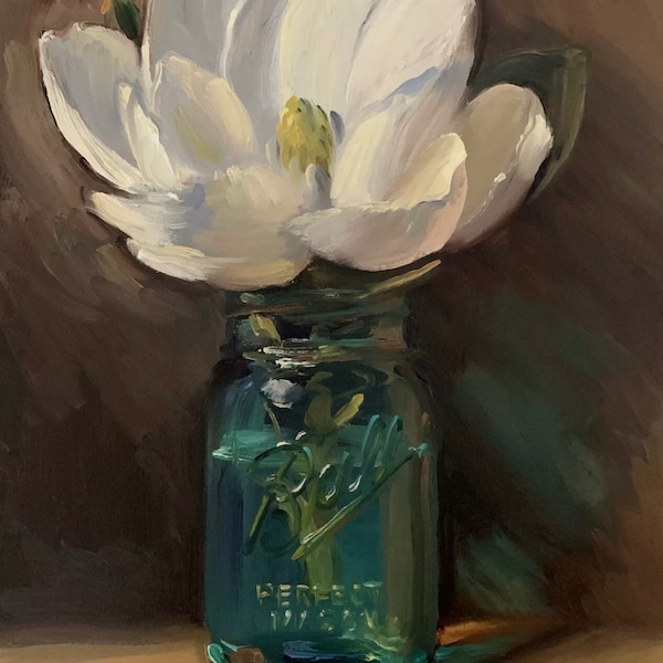 Magnolia in Vintage Jar (Artist's Touch Canvas) - NOAH VERRIER Original still life oil painting, Signed fine art print