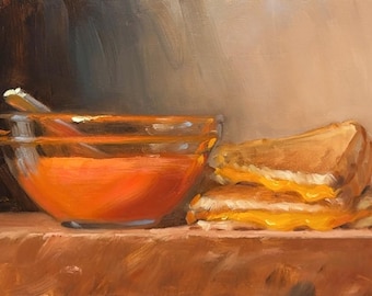 Grilled Cheese and Tomato Soup v2 (hand embellished) - NOAH VERRIER Original still life oil painting, Signed fine art print