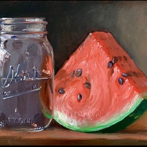 Watermelon & Jar of Water - NOAH VERRIER Original still life oil painting, Signed fine art print