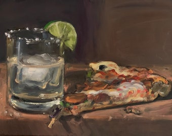 Pizza & Tequila (Artist touch canvas print / Large 26x20)- NOAH VERRIER Original still life oil painting, Signed fine art print