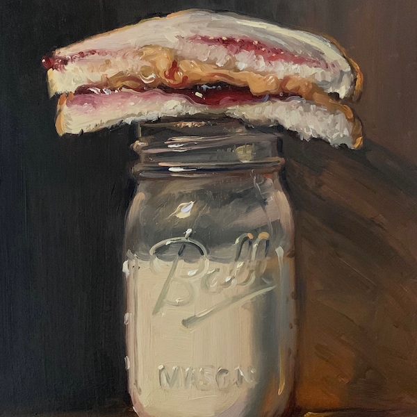PBJ & Jar of Milk (Canvas print)  - NOAH VERRIER Original still life oil painting, Signed fine art print