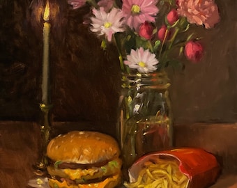 McDonald's Big Mac & Candle 18x24 - NOAH VERRIER Original still life oil painting, Signed fine art print