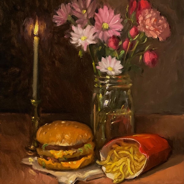 McDonald's Big Mac & Candle - NOAH VERRIER Nature morte à l'huile originale, Impression d'art signée