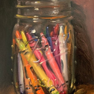 Crayons in a Jar no2 - NOAH VERRIER Original still life oil painting, Signed fine art print