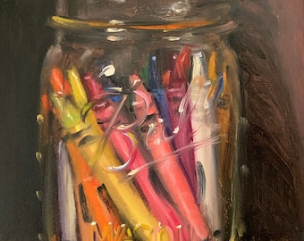 Crayons in a Jar no2 - NOAH VERRIER Original still life oil painting, Signed fine art print