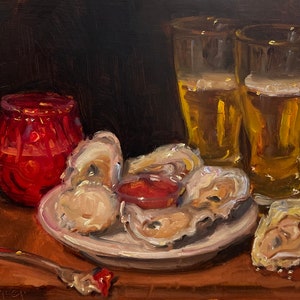 Beer and Oysters (Artist&#39;s Touch) - NOAH VERRIER Original still life oil painting, Signed fine art print
