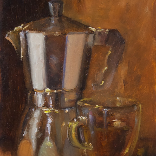 Moka Pot - NOAH VERRIER Original still life oil painting, Signed fine art print