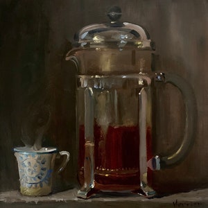 French Press Coffee - NOAH VERRIER Nature morte à l&#39;huile originale, Impression d&#39;art signée