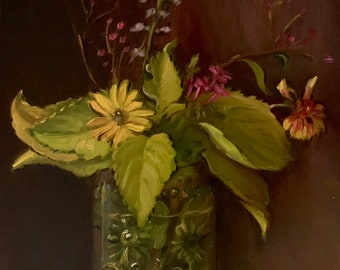 Wildflowers in Antique Jar - NOAH VERRIER Original still life oil painting, Signed fine art print