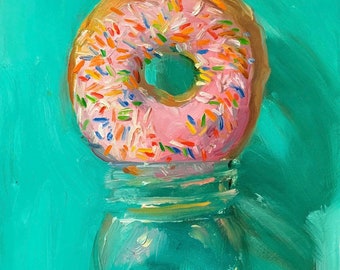 Donut w/Pink Icing & Milk - NOAH VERRIER Original still life oil painting, Signed fine art print