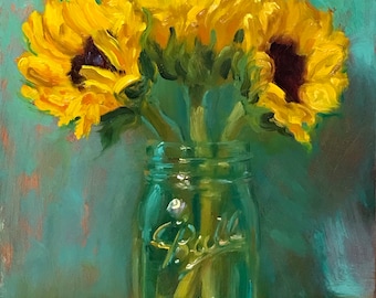 Sunflowers (turquoise) -  NOAH VERRIER Original still life oil painting, Signed fine art print