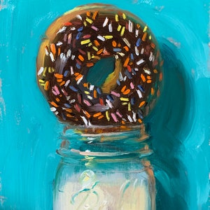 Choc Iced Donut & Jar of Milk - NOAH VERRIER Original still life oil painting, Signed fine art print