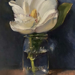 Magnolia in Mason Jar (blue) - NOAH VERRIER Original still life oil painting, Signed fine art print