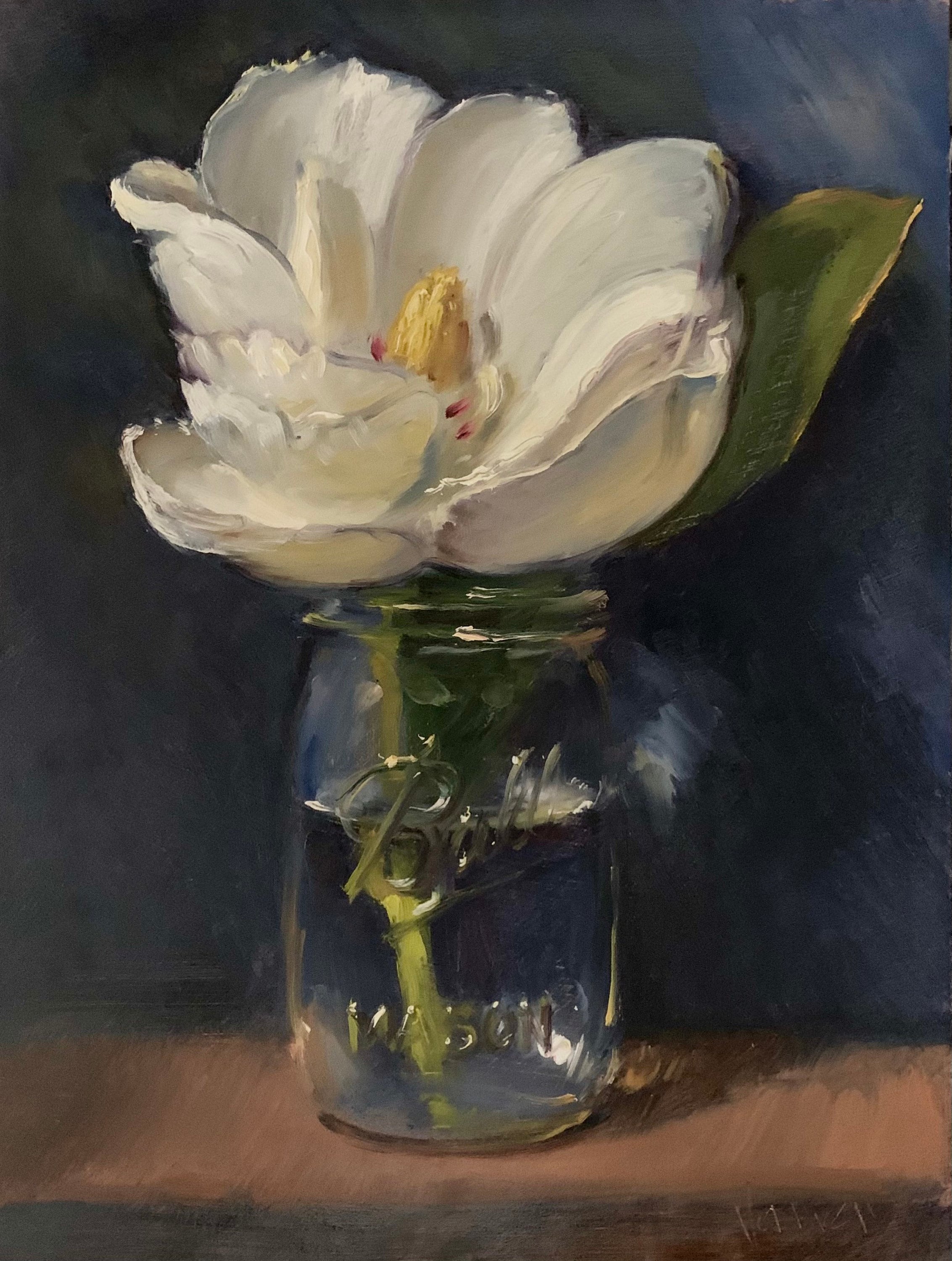 Magnolia in Mason Jar (blue) - NOAH VERRIER Original still life oil painting, Signed fine art print