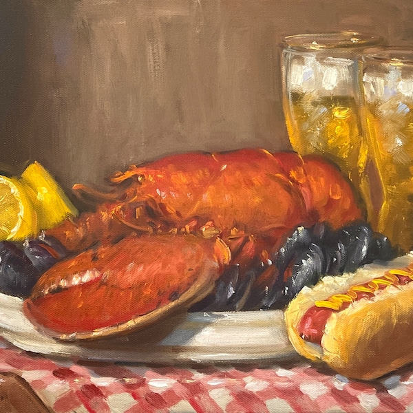 Lobster, Beer, Mussels & Hotdog (Hand Embellished) - NOAH VERRIER Original still life oil painting, Signed fine art print