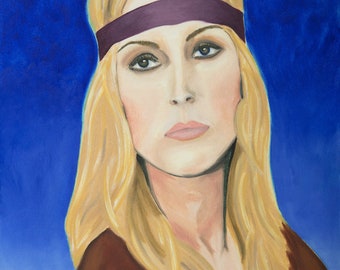 May include: A painting of a woman with long blonde hair wearing a purple headband. She is wearing a brown shirt and has a blue background.
