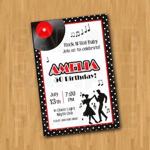 Puede incluir: Invitación en blanco y negro con lunares rojos. La invitación presenta una silueta en blanco y negro de una pareja bailando, un disco rojo y negro, y el texto "Rock N Roll Baby Join us to celebrate! AMELIA 50 Birthday! July 13th 7:00 PM In Class Light Nigth Club RSVP: 000 000 0000"