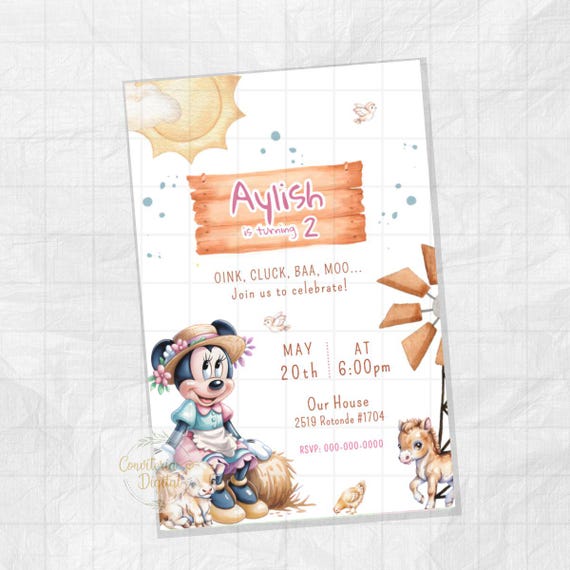 Minnie Mouse Farm Invitation Farmer Digital, Farm Birthday Invitation, Barnyard Invite, Farm Animals Birthday, Country Barnyard Party