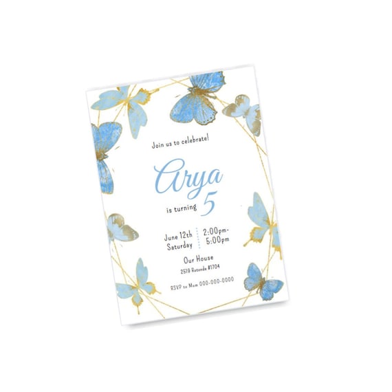 Butterfly Birthday Invitation Digital , Blue Butterfly Invitation, Butterfly Template Download, Digital File