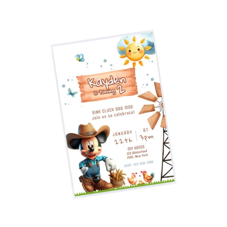 May include: A birthday party invitation featuring Mickey Mouse in a cowboy hat. The invitation includes the text "Kayden is turning 2" and details for the party, including the date, time, and location.