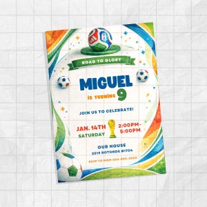 May include: A soccer-themed invitation with a white background, featuring a soccer ball and the text "MIGUEL is turning 9." The invitation includes details for a party on January 14th, with the time and location. Colorful accents and a trophy graphic are also present.
