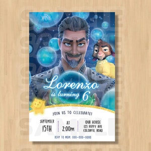 Op de afbeelding: Een blauwe en gouden verjaardagsuitnodiging met een cartoonafbeelding van een man met een baard en een klein dier. De uitnodiging zegt "Lorenzo wordt 6" en bevat details over het feest, inclusief de datum, tijd en locatie.