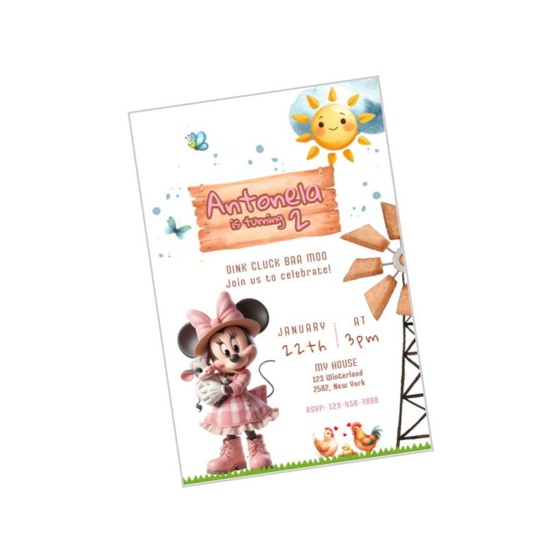 May include: A birthday party invitation featuring a cartoon Minnie Mouse holding a lamb. The invitation includes the text "Antonela is turning 2" and "OINK CLUCK BAR MOO Join us to celebrate!" with the date, time, and location.