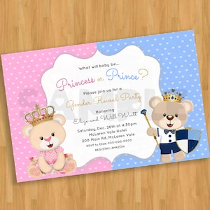 Onthullen uitnodiging digitale Royal Teddybeer geslacht, jongen of meisje uitnodiging, afdrukbare, gender Reveal uitnodiging, openbaring uitnodiging sjabloon