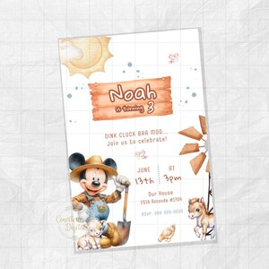 May include: A farm-themed birthday invitation featuring Mickey Mouse in overalls holding a shovel. The invitation includes the text "Noah is turning 3" and details for the party, including the date, time, and location.