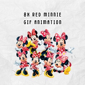 Pode incluir: Oito personagens animados da Minnie Mouse em vestidos vermelhos com bolinhas brancas e laços combinando. Os personagens estão dispostos em um padrão circular. O texto "8X RED MINNIE GIF ANIMATION" está no topo.