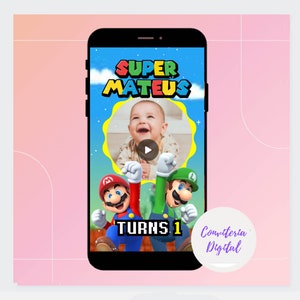 Super Mario Birthday Video Invitation with photo picture Animated Card Electronic animated invitation DIGITAL FILE mp4 bros world party
