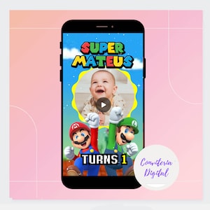 Super Mario Birthday Video Invitation avec photo photo Carte animée Invitation animée électronique FICHIER NUMÉRIQUE mp4 bros world party