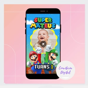 Super Mario Birthday Video Invitation with photo picture Animated Card Electronic animated invitation DIGITAL FILE mp4 bros world party