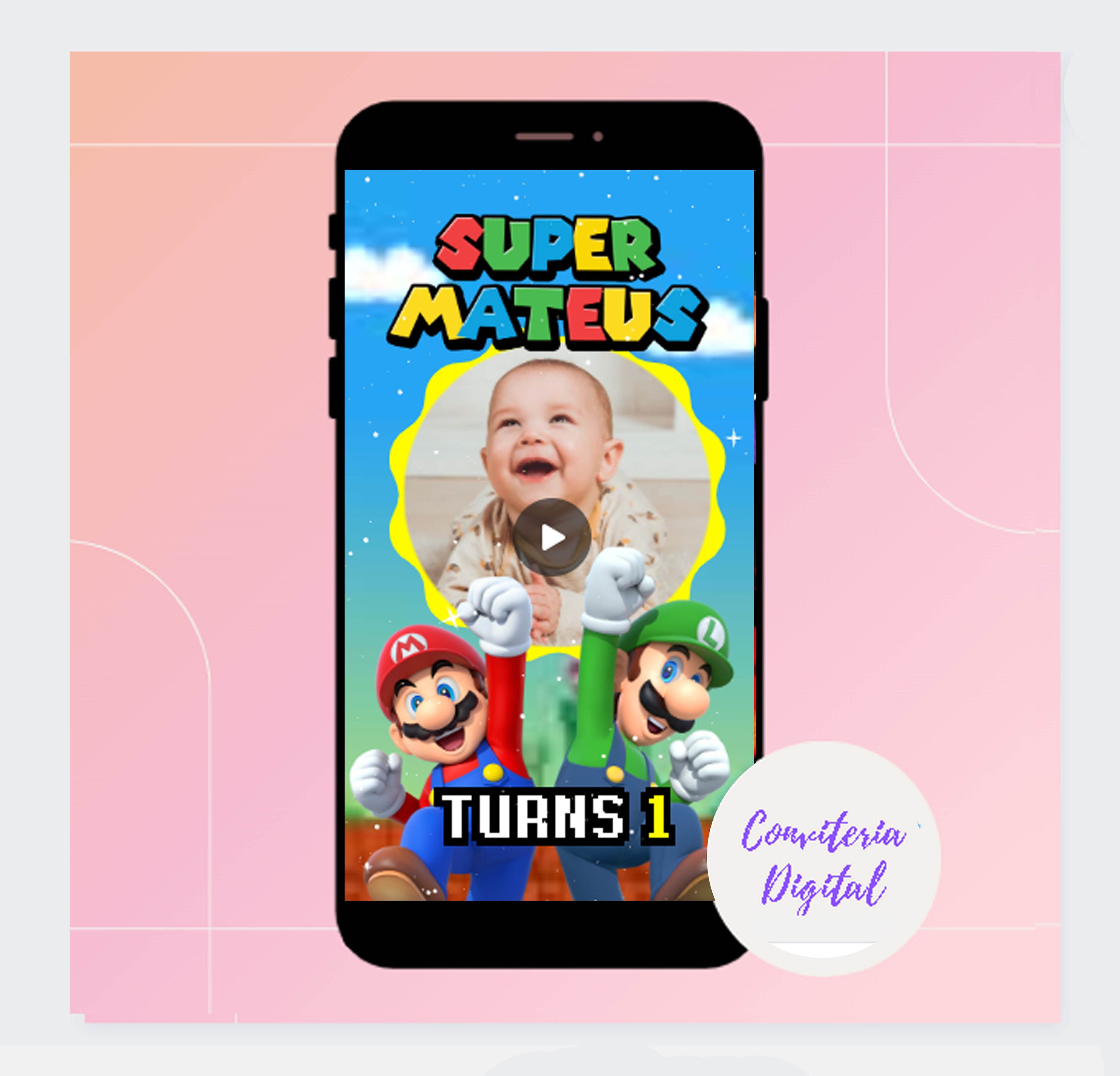 Video invitación de cumpleaños de Super Mario con foto Tarjeta animada  Invitación animada electrónica ARCHIVO DIGITAL mp4 bros world party -   España