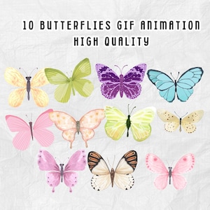 Puede incluir: Una colección de diez ilustraciones de mariposas en acuarela en varios colores, incluyendo amarillo, verde, morado y rosa. Las mariposas están dispuestas sobre un fondo blanco texturizado. El texto en la parte superior dice "10 BUTTERFLIES GIF ANIMATION HIGH QUALITY."