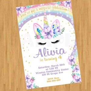 Unicorn invitation Digital, Unicorn Birthday Invitation Lilac Purple Invite, Unicorn First birthday party, Printable