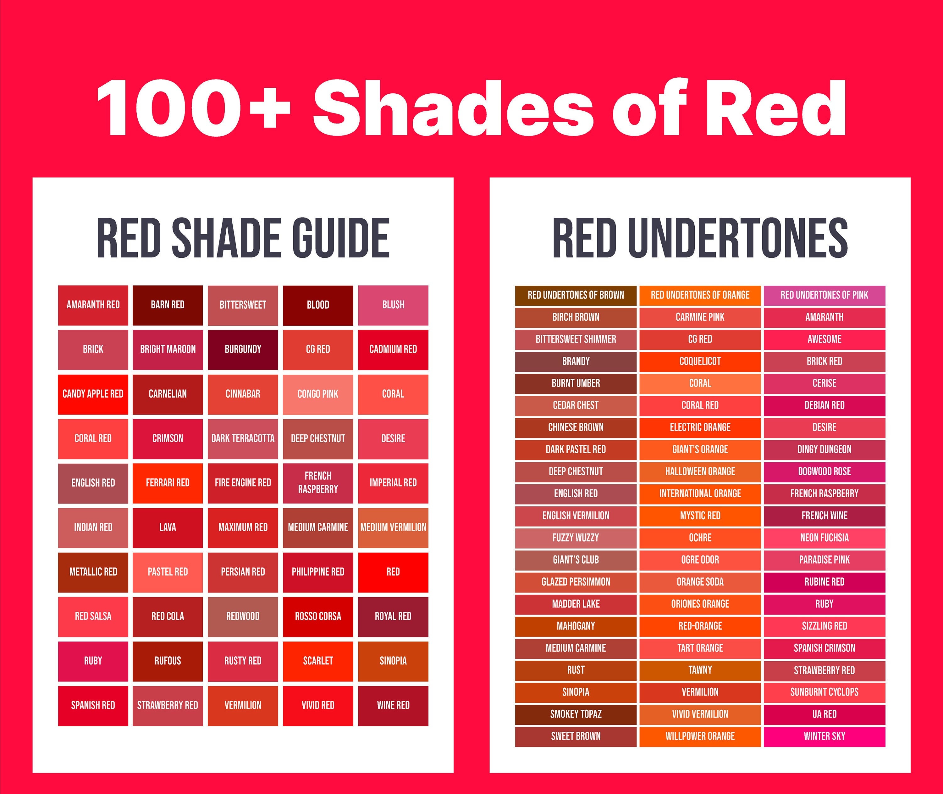 Red Shade Guide 100 Shades Of Red Palette Etsy