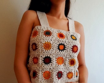 Crochet Daisy Patchwork | Festival Top | Granny Square Top |Boho Top | Crochet Top | Granny Square Sweater |Sleeveless Top |Vintage Clothing