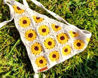 Granny Square Sunflower Crochet Bandana Boho Hair Scarf | Handmade Flower Headband Daisy Hair Kerchief | Crochet Hair Accessory | Sunflower