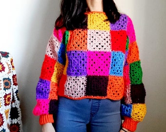 Kleurrijke Oma Vierkante Trui | Trui Gehaakt Regenboog Patchwork Oma Vierkant Vest-Top-Trui Afghaans Vest
