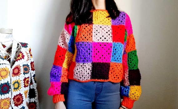 Colorful Granny Square Sweater Jumper Crochet Rainbow