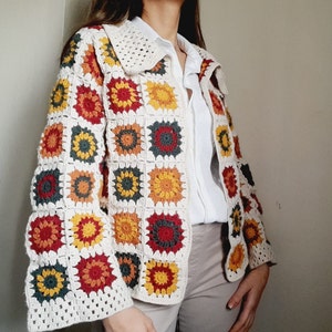 Granny Square Cardigan, Crochet Afghan Jacket, Handmade Knit Coats, Multi color Cardigans with Button, Granny Square Vest, Afghan Sweater