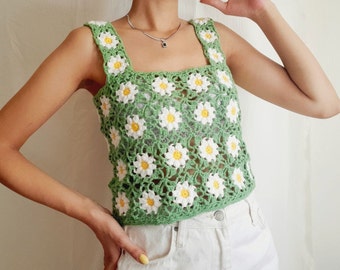 Flower Crochet Top, Handmade Bikini Summer Top, Granny Square Beachwear Dress, Daisy Crochet Blouse, Knit Skirt Flower Sheer Sweater